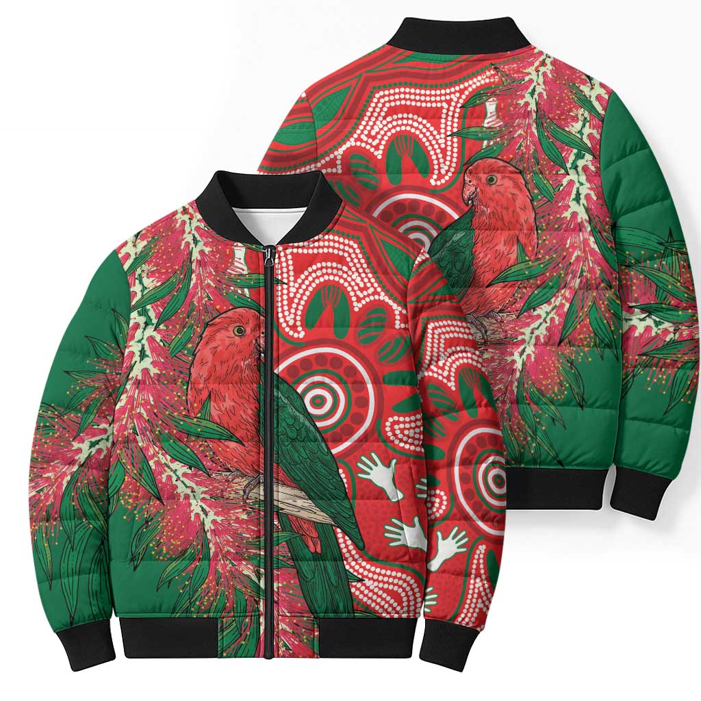 King Parrot Australia Bomber Puffer Jacket Bottlebrushes Aboriginal Art - Aussie Hoodie