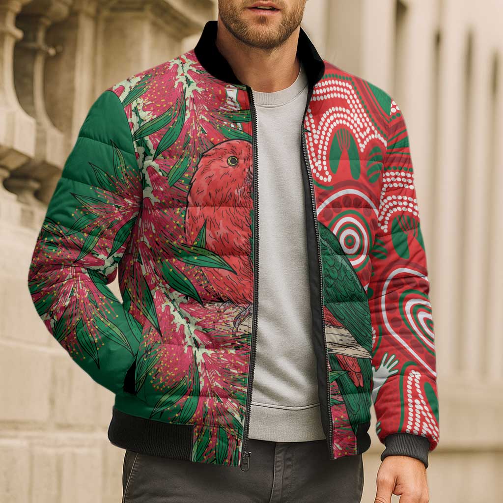 King Parrot Australia Bomber Puffer Jacket Bottlebrushes Aboriginal Art - Aussie Hoodie