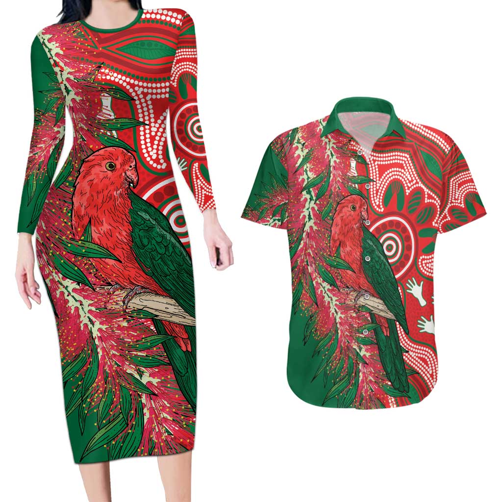 King Parrot Australia Couples Matching Long Sleeve Bodycon Dress and Hawaiian Shirt Bottlebrushes Aboriginal Art - Aussie Hoodie
