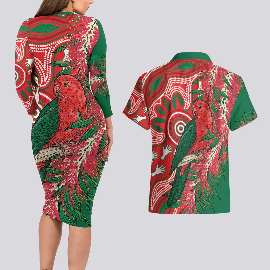 King Parrot Australia Couples Matching Long Sleeve Bodycon Dress and Hawaiian Shirt Bottlebrushes Aboriginal Art - Aussie Hoodie
