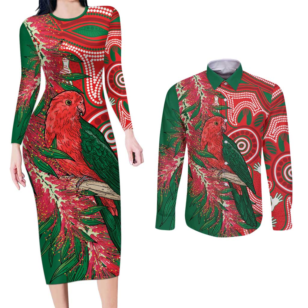 King Parrot Australia Couples Matching Long Sleeve Bodycon Dress and Long Sleeve Button Shirt Bottlebrushes Aboriginal Art - Aussie Hoodie