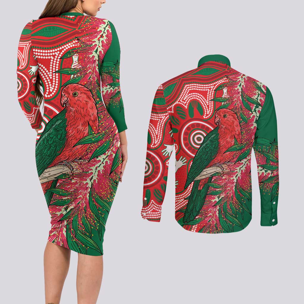 King Parrot Australia Couples Matching Long Sleeve Bodycon Dress and Long Sleeve Button Shirt Bottlebrushes Aboriginal Art - Aussie Hoodie