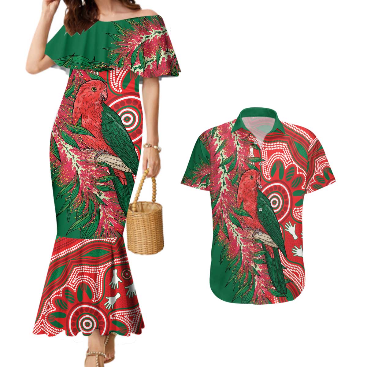 King Parrot Australia Couples Matching Mermaid Dress and Hawaiian Shirt Bottlebrushes Aboriginal Art - Aussie Hoodie