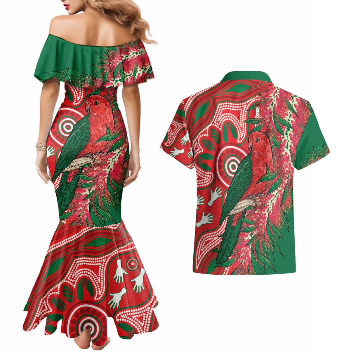 King Parrot Australia Couples Matching Mermaid Dress and Hawaiian Shirt Bottlebrushes Aboriginal Art - Aussie Hoodie