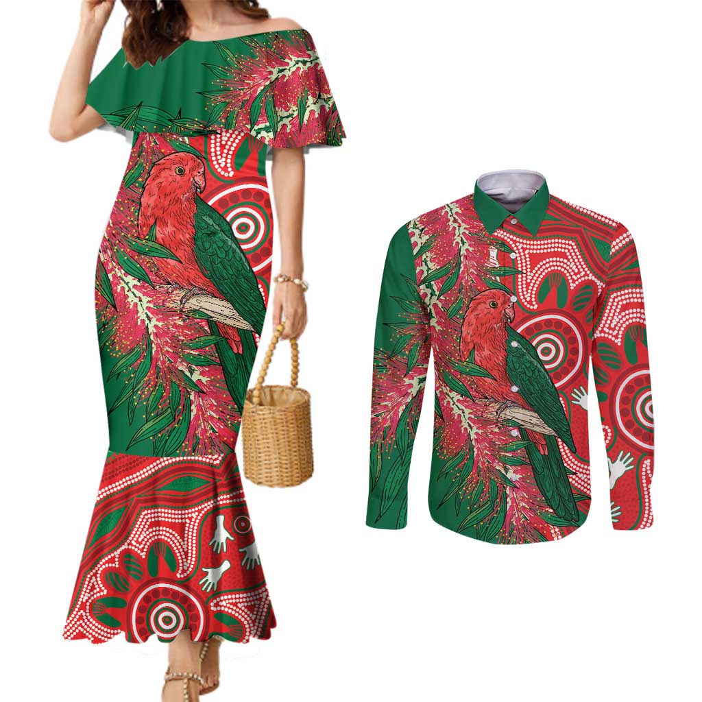 King Parrot Australia Couples Matching Mermaid Dress and Long Sleeve Button Shirt Bottlebrushes Aboriginal Art - Aussie Hoodie