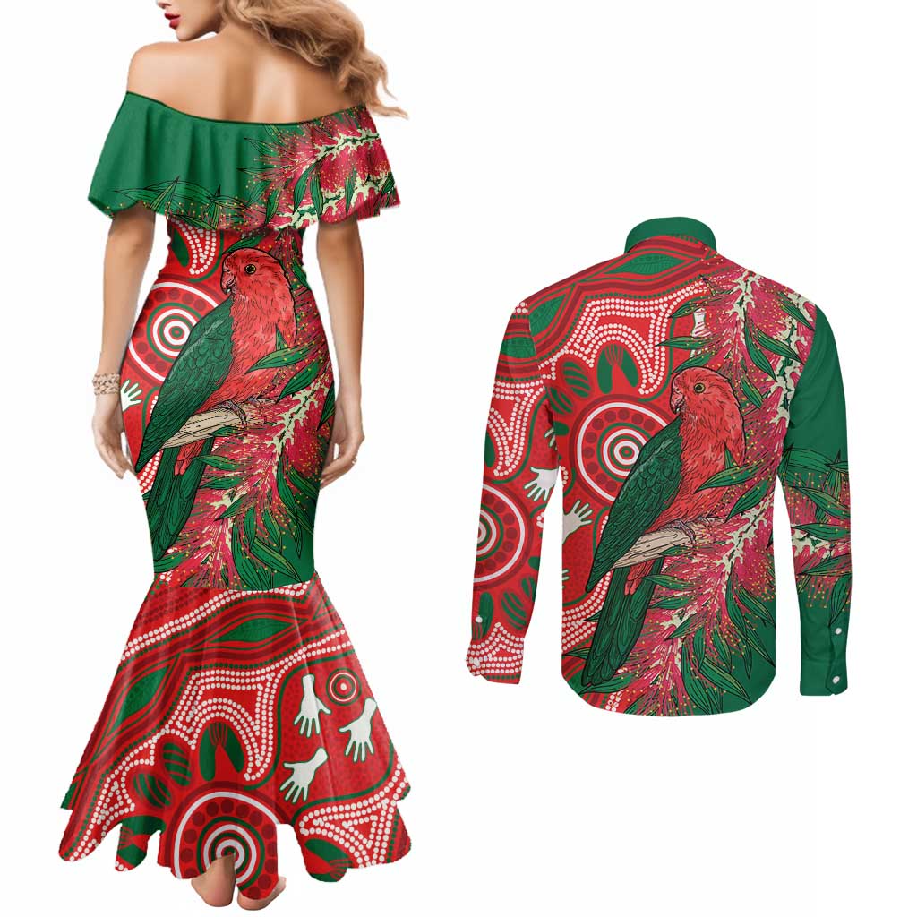 King Parrot Australia Couples Matching Mermaid Dress and Long Sleeve Button Shirt Bottlebrushes Aboriginal Art - Aussie Hoodie