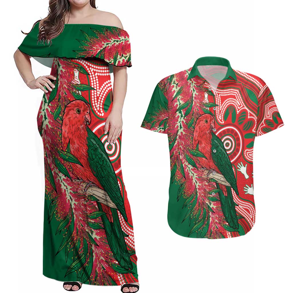 King Parrot Australia Couples Matching Off Shoulder Maxi Dress and Hawaiian Shirt Bottlebrushes Aboriginal Art - Aussie Hoodie