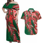 King Parrot Australia Couples Matching Off Shoulder Maxi Dress and Hawaiian Shirt Bottlebrushes Aboriginal Art - Aussie Hoodie