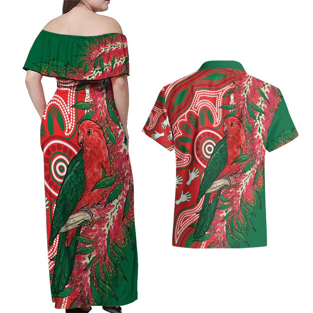 King Parrot Australia Couples Matching Off Shoulder Maxi Dress and Hawaiian Shirt Bottlebrushes Aboriginal Art - Aussie Hoodie