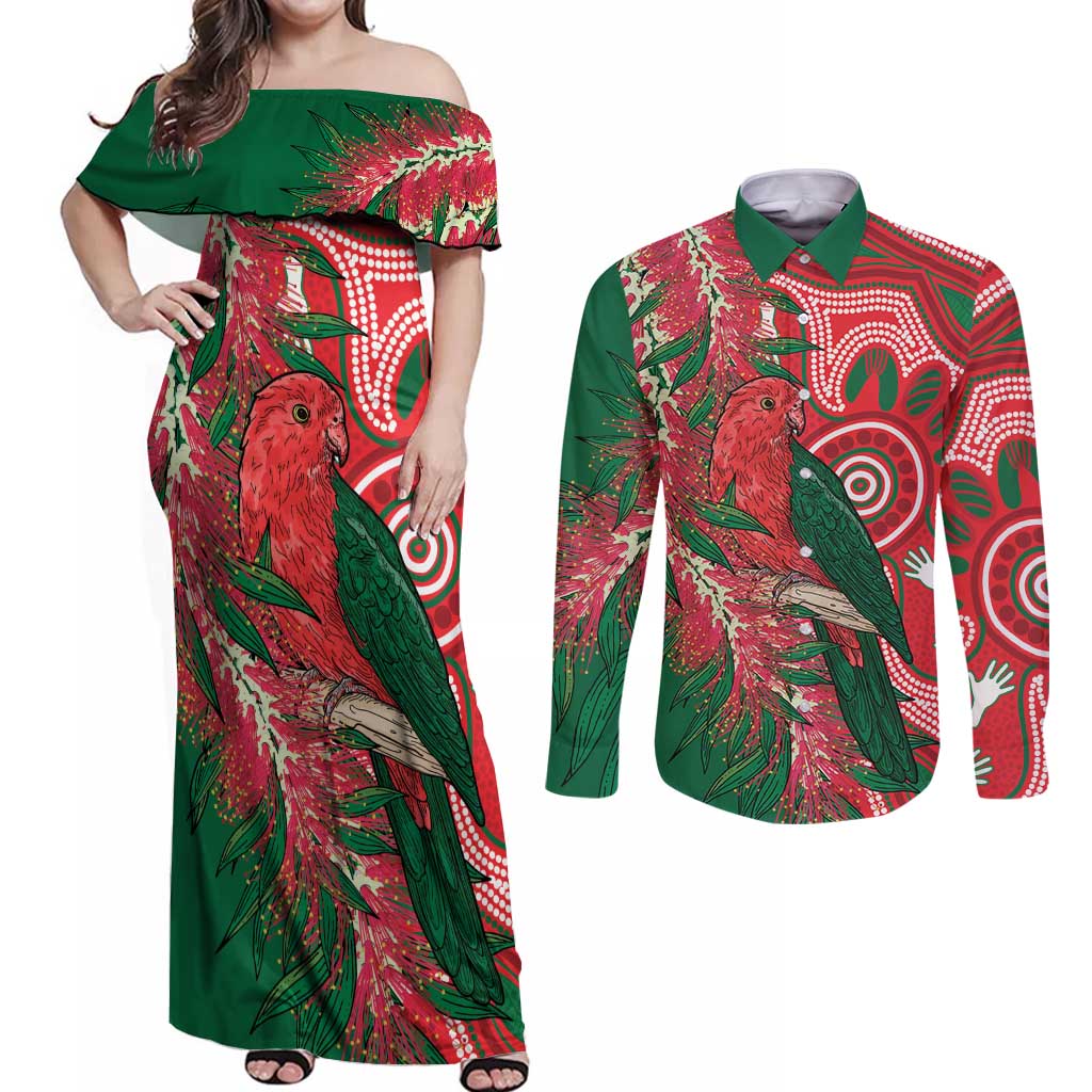 King Parrot Australia Couples Matching Off Shoulder Maxi Dress and Long Sleeve Button Shirt Bottlebrushes Aboriginal Art - Aussie Hoodie