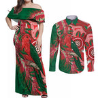 King Parrot Australia Couples Matching Off Shoulder Maxi Dress and Long Sleeve Button Shirt Bottlebrushes Aboriginal Art - Aussie Hoodie