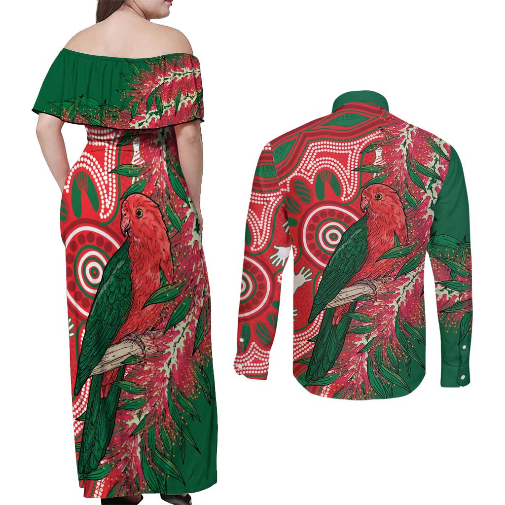 King Parrot Australia Couples Matching Off Shoulder Maxi Dress and Long Sleeve Button Shirt Bottlebrushes Aboriginal Art - Aussie Hoodie