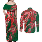 King Parrot Australia Couples Matching Off Shoulder Maxi Dress and Long Sleeve Button Shirt Bottlebrushes Aboriginal Art - Aussie Hoodie