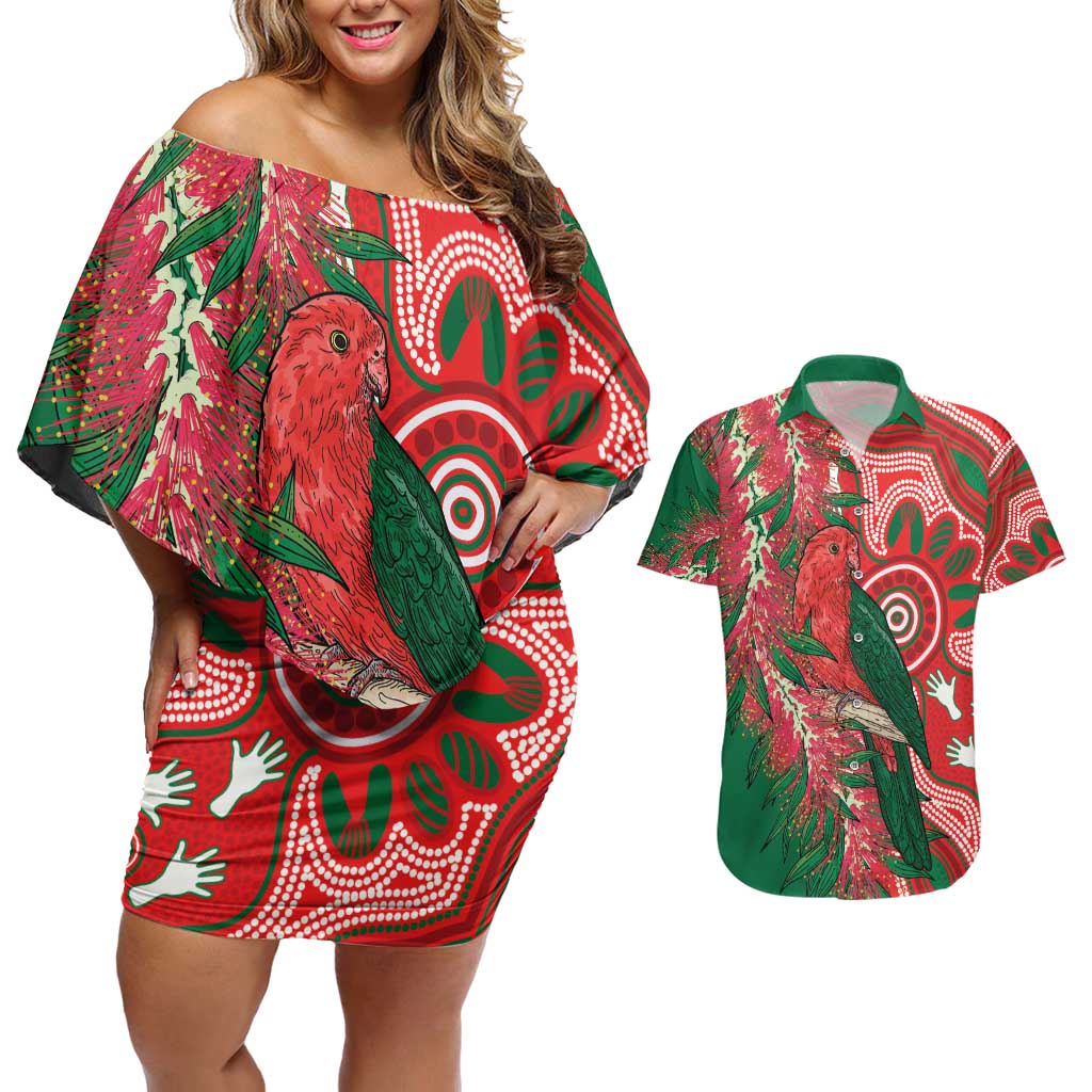 King Parrot Australia Couples Matching Off Shoulder Short Dress and Hawaiian Shirt Bottlebrushes Aboriginal Art - Aussie Hoodie