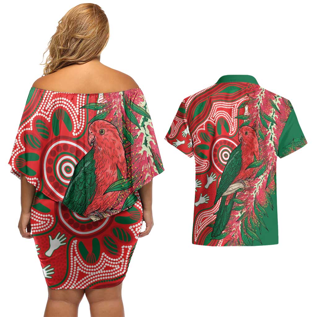 King Parrot Australia Couples Matching Off Shoulder Short Dress and Hawaiian Shirt Bottlebrushes Aboriginal Art - Aussie Hoodie