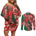 King Parrot Australia Couples Matching Off Shoulder Short Dress and Long Sleeve Button Shirt Bottlebrushes Aboriginal Art - Aussie Hoodie