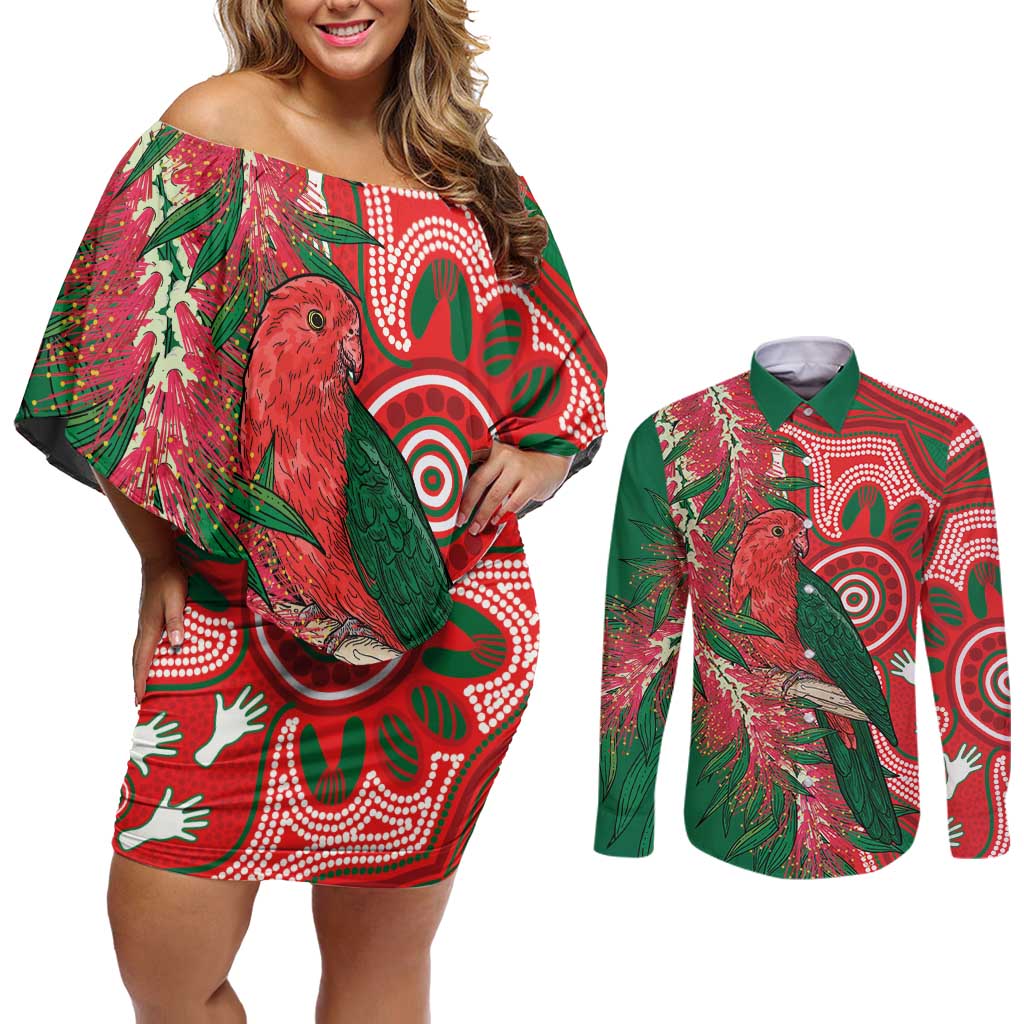 King Parrot Australia Couples Matching Off Shoulder Short Dress and Long Sleeve Button Shirt Bottlebrushes Aboriginal Art - Aussie Hoodie