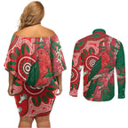 King Parrot Australia Couples Matching Off Shoulder Short Dress and Long Sleeve Button Shirt Bottlebrushes Aboriginal Art - Aussie Hoodie