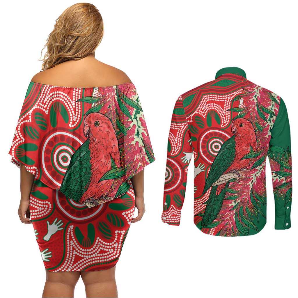 King Parrot Australia Couples Matching Off Shoulder Short Dress and Long Sleeve Button Shirt Bottlebrushes Aboriginal Art - Aussie Hoodie