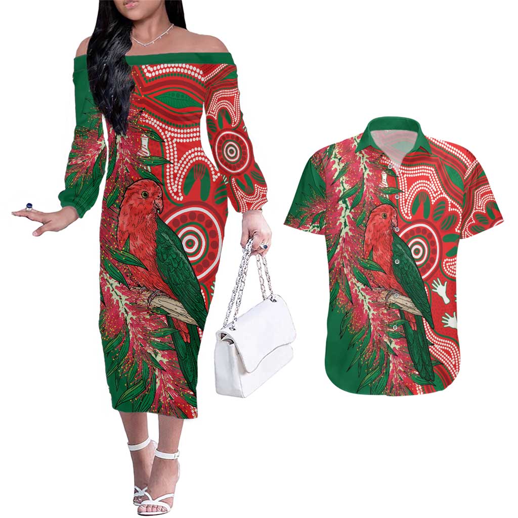King Parrot Australia Couples Matching Off The Shoulder Long Sleeve Dress and Hawaiian Shirt Bottlebrushes Aboriginal Art - Aussie Hoodie