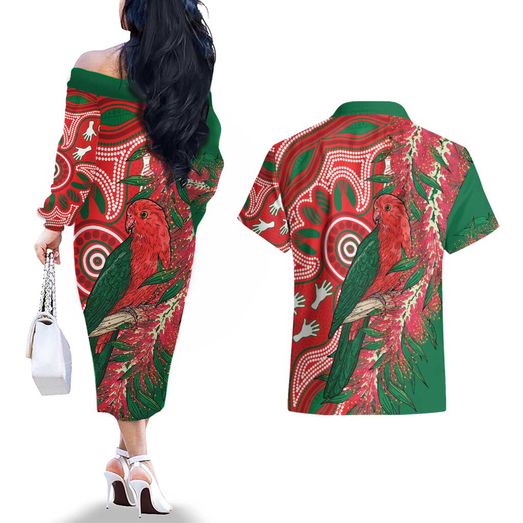 King Parrot Australia Couples Matching Off The Shoulder Long Sleeve Dress and Hawaiian Shirt Bottlebrushes Aboriginal Art - Aussie Hoodie