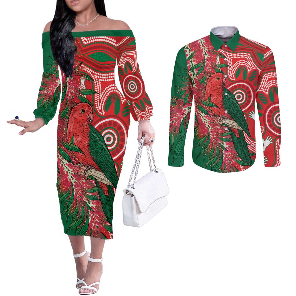 King Parrot Australia Couples Matching Off The Shoulder Long Sleeve Dress and Long Sleeve Button Shirt Bottlebrushes Aboriginal Art - Aussie Hoodie