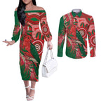 King Parrot Australia Couples Matching Off The Shoulder Long Sleeve Dress and Long Sleeve Button Shirt Bottlebrushes Aboriginal Art - Aussie Hoodie