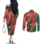 King Parrot Australia Couples Matching Off The Shoulder Long Sleeve Dress and Long Sleeve Button Shirt Bottlebrushes Aboriginal Art - Aussie Hoodie