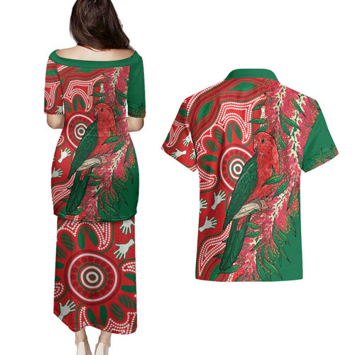 King Parrot Australia Couples Matching Puletasi and Hawaiian Shirt Bottlebrushes Aboriginal Art - Aussie Hoodie