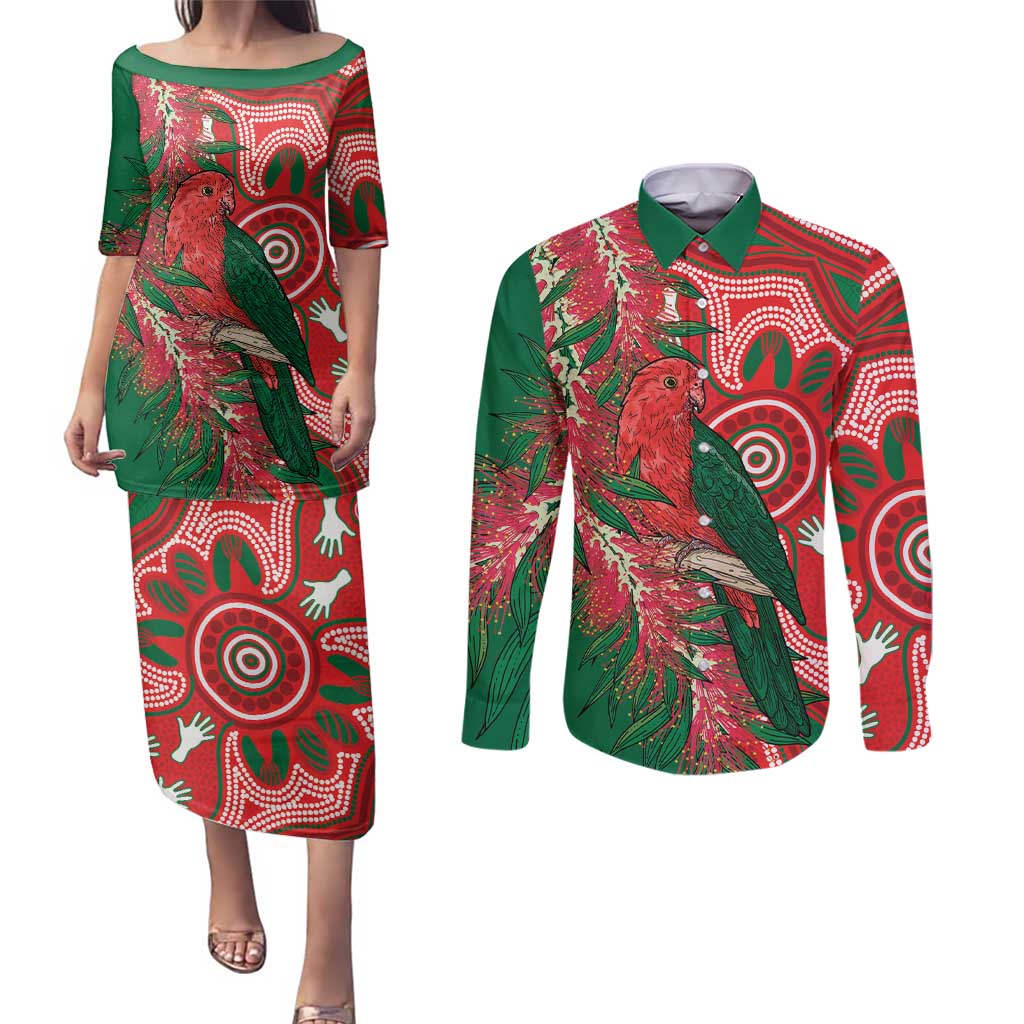 King Parrot Australia Couples Matching Puletasi and Long Sleeve Button Shirt Bottlebrushes Aboriginal Art - Aussie Hoodie