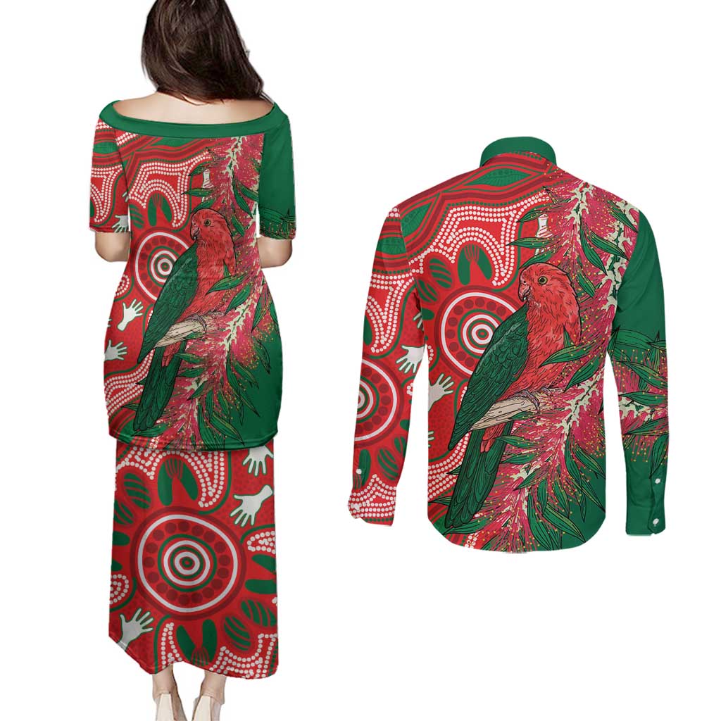 King Parrot Australia Couples Matching Puletasi and Long Sleeve Button Shirt Bottlebrushes Aboriginal Art - Aussie Hoodie