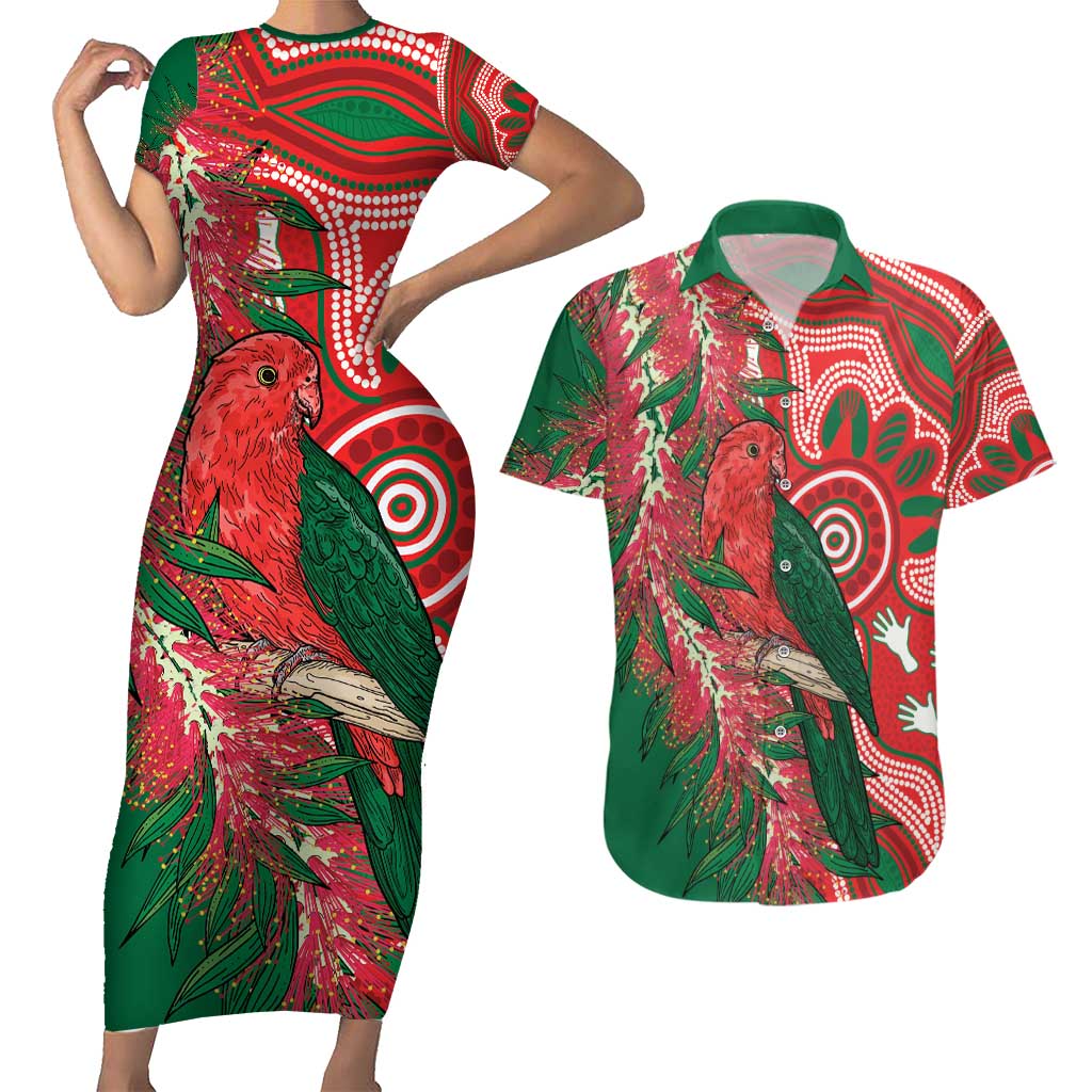 King Parrot Australia Couples Matching Short Sleeve Bodycon Dress and Hawaiian Shirt Bottlebrushes Aboriginal Art - Aussie Hoodie