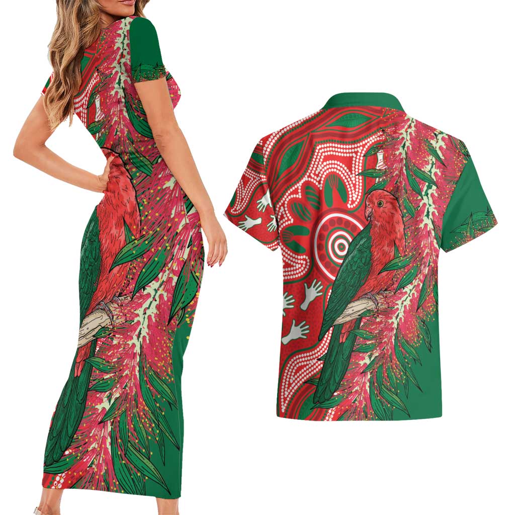 King Parrot Australia Couples Matching Short Sleeve Bodycon Dress and Hawaiian Shirt Bottlebrushes Aboriginal Art - Aussie Hoodie
