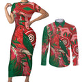 King Parrot Australia Couples Matching Short Sleeve Bodycon Dress and Long Sleeve Button Shirt Bottlebrushes Aboriginal Art - Aussie Hoodie