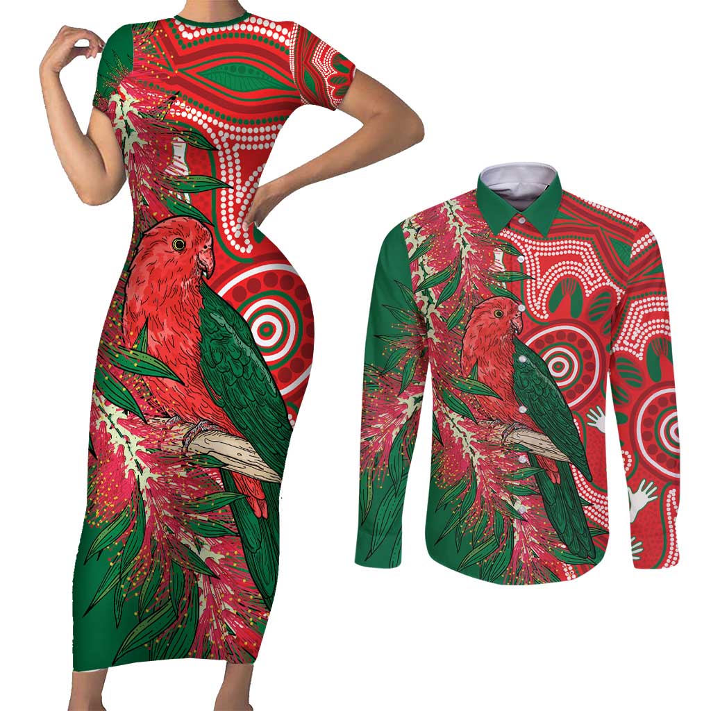 King Parrot Australia Couples Matching Short Sleeve Bodycon Dress and Long Sleeve Button Shirt Bottlebrushes Aboriginal Art - Aussie Hoodie