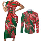 King Parrot Australia Couples Matching Short Sleeve Bodycon Dress and Long Sleeve Button Shirt Bottlebrushes Aboriginal Art - Aussie Hoodie