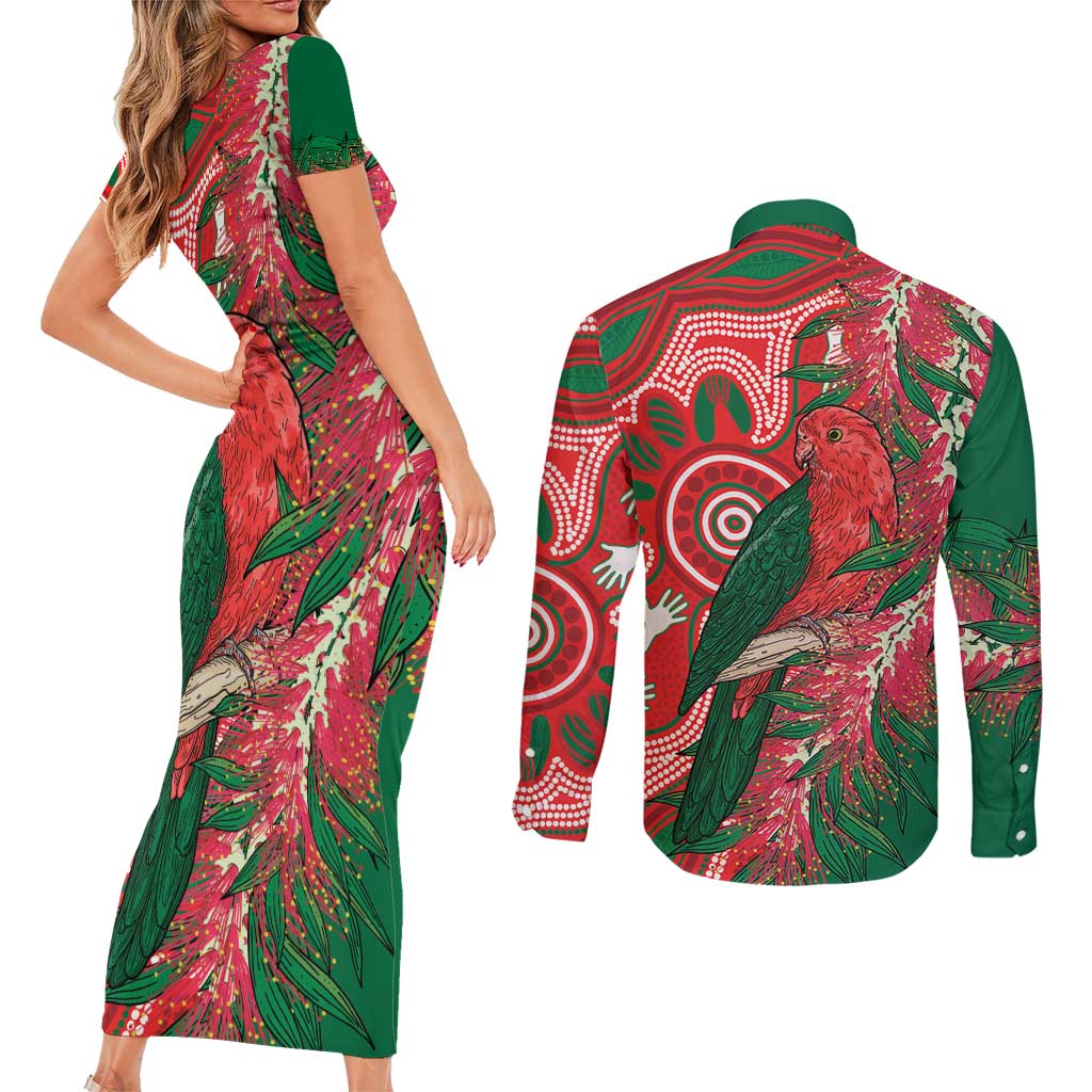 King Parrot Australia Couples Matching Short Sleeve Bodycon Dress and Long Sleeve Button Shirt Bottlebrushes Aboriginal Art - Aussie Hoodie