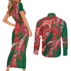 King Parrot Australia Couples Matching Short Sleeve Bodycon Dress and Long Sleeve Button Shirt Bottlebrushes Aboriginal Art - Aussie Hoodie