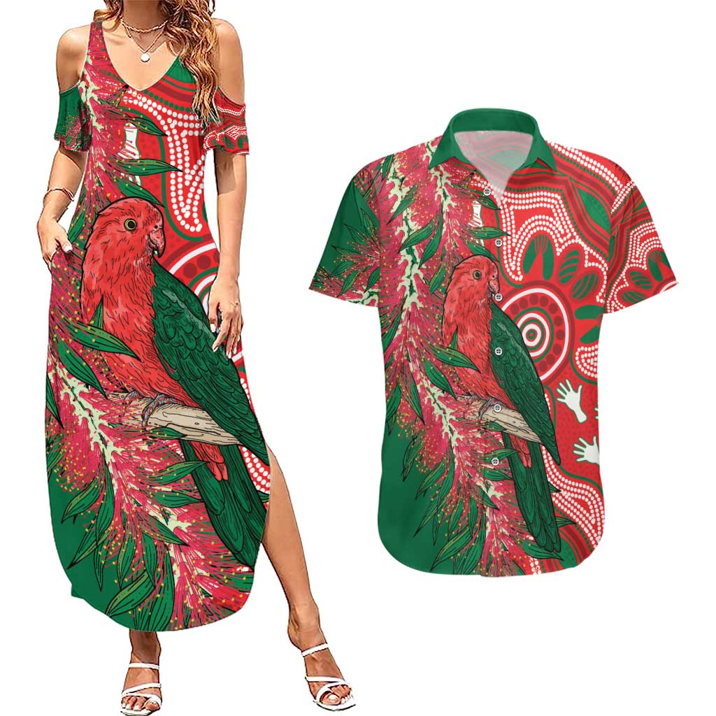 King Parrot Australia Couples Matching Summer Maxi Dress and Hawaiian Shirt Bottlebrushes Aboriginal Art - Aussie Hoodie