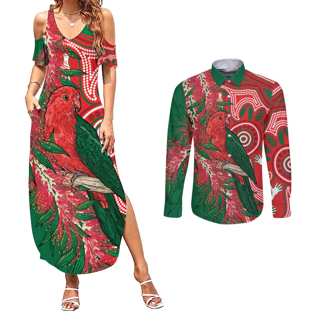 King Parrot Australia Couples Matching Summer Maxi Dress and Long Sleeve Button Shirt Bottlebrushes Aboriginal Art - Aussie Hoodie