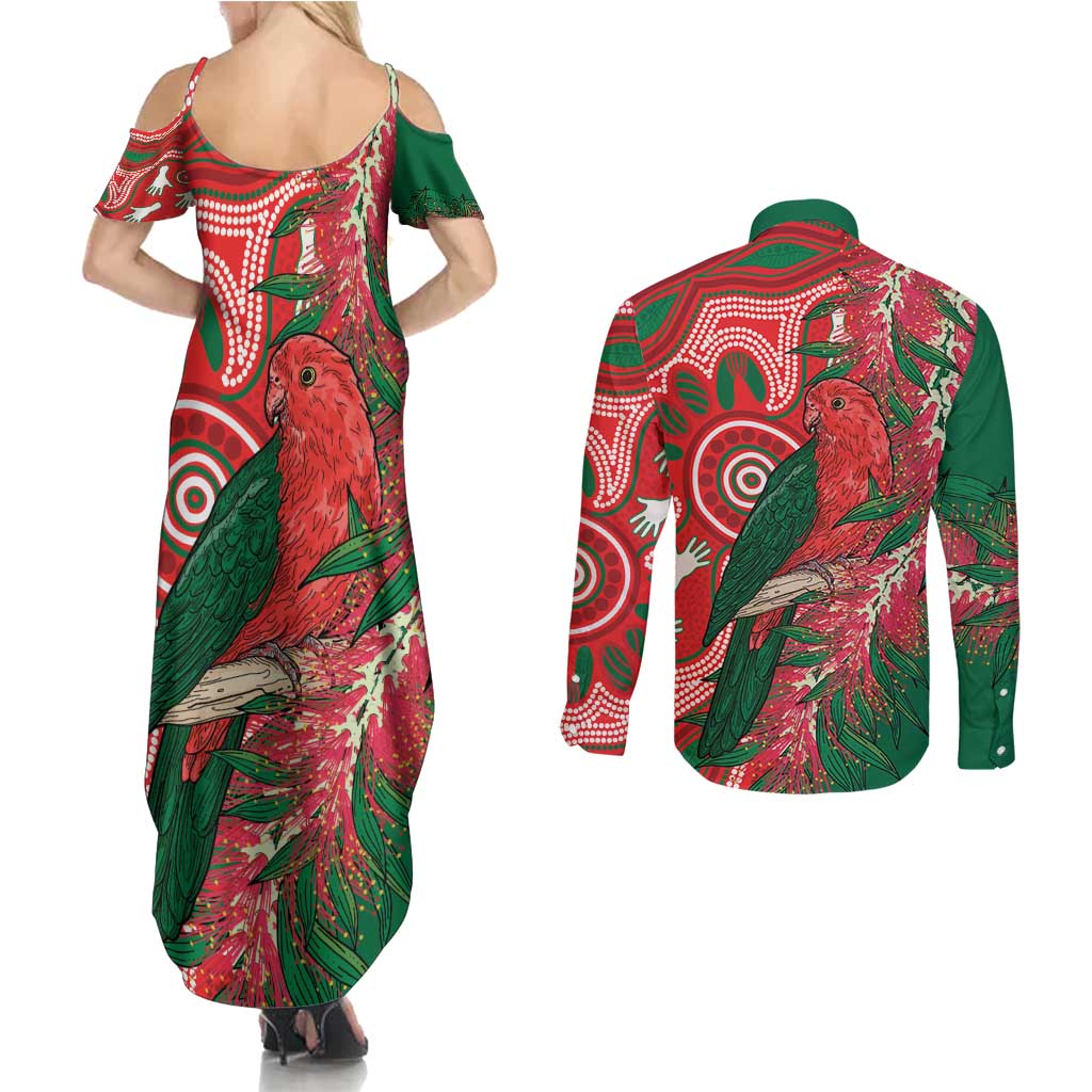 King Parrot Australia Couples Matching Summer Maxi Dress and Long Sleeve Button Shirt Bottlebrushes Aboriginal Art - Aussie Hoodie