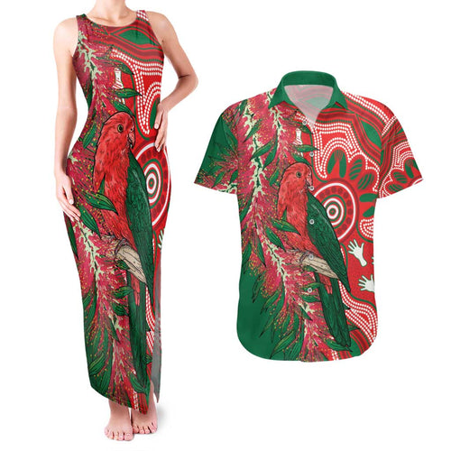 King Parrot Australia Couples Matching Tank Maxi Dress and Hawaiian Shirt Bottlebrushes Aboriginal Art - Aussie Hoodie