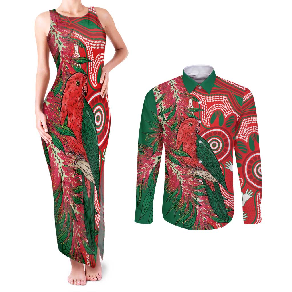 King Parrot Australia Couples Matching Tank Maxi Dress and Long Sleeve Button Shirt Bottlebrushes Aboriginal Art - Aussie Hoodie