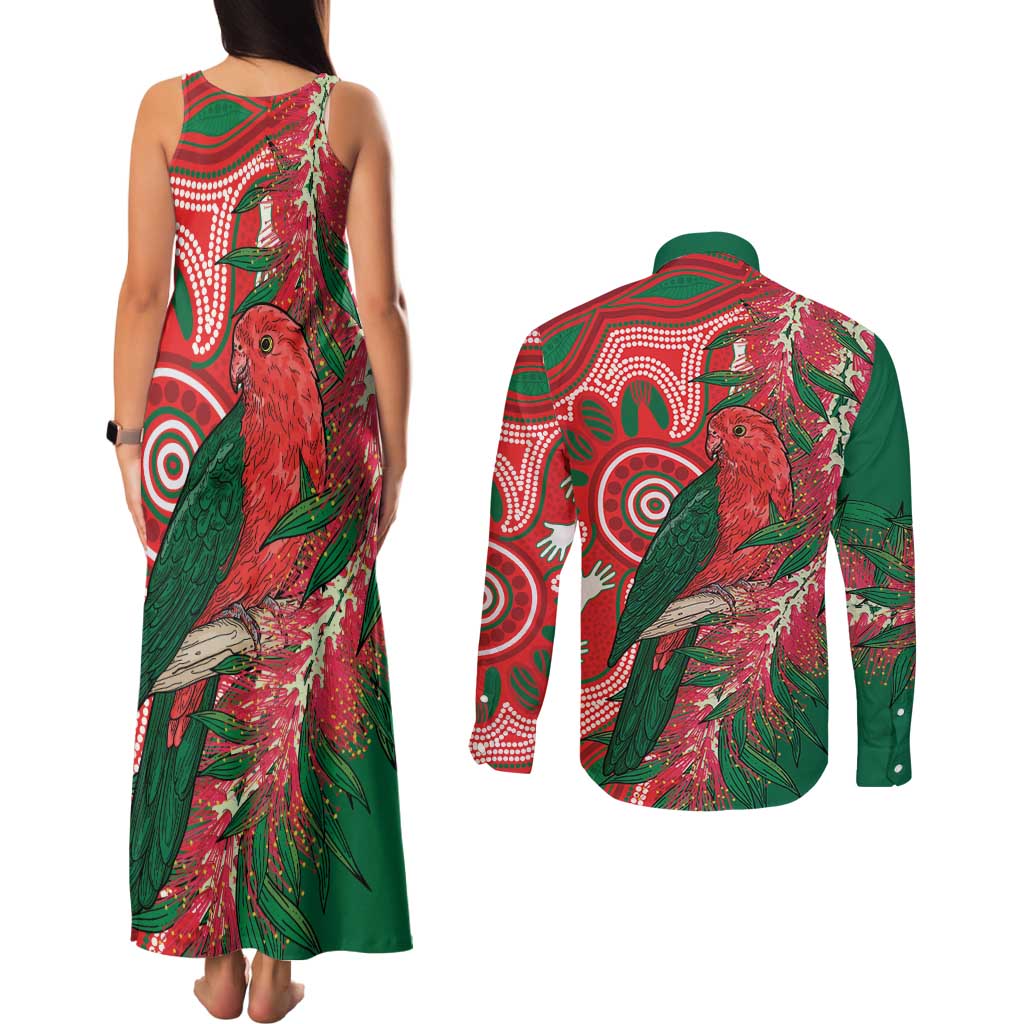 King Parrot Australia Couples Matching Tank Maxi Dress and Long Sleeve Button Shirt Bottlebrushes Aboriginal Art - Aussie Hoodie