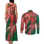 King Parrot Australia Couples Matching Tank Maxi Dress and Long Sleeve Button Shirt Bottlebrushes Aboriginal Art - Aussie Hoodie