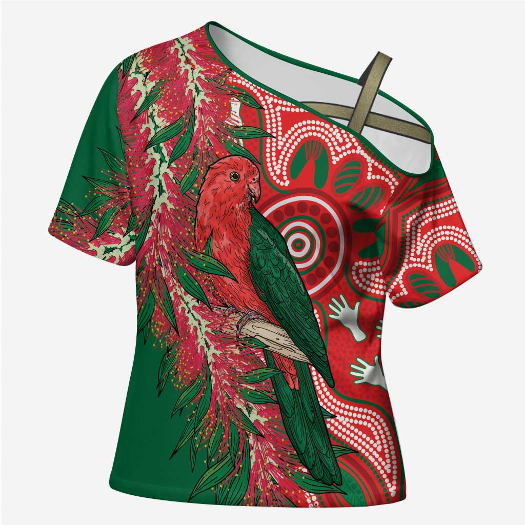 King Parrot Australia Cross Shoulder Shirt Bottlebrushes Aboriginal Art - Aussie Hoodie