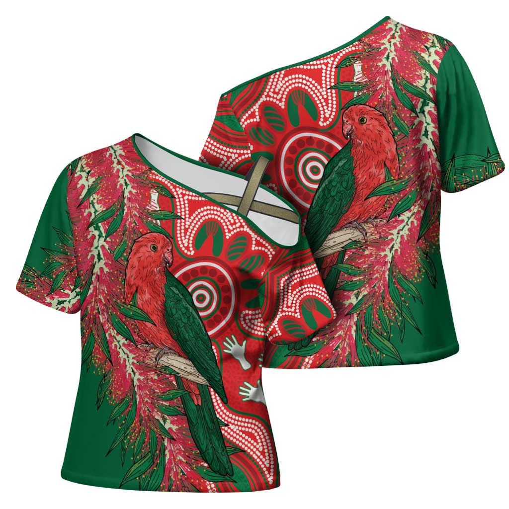 King Parrot Australia Cross Shoulder Shirt Bottlebrushes Aboriginal Art - Aussie Hoodie
