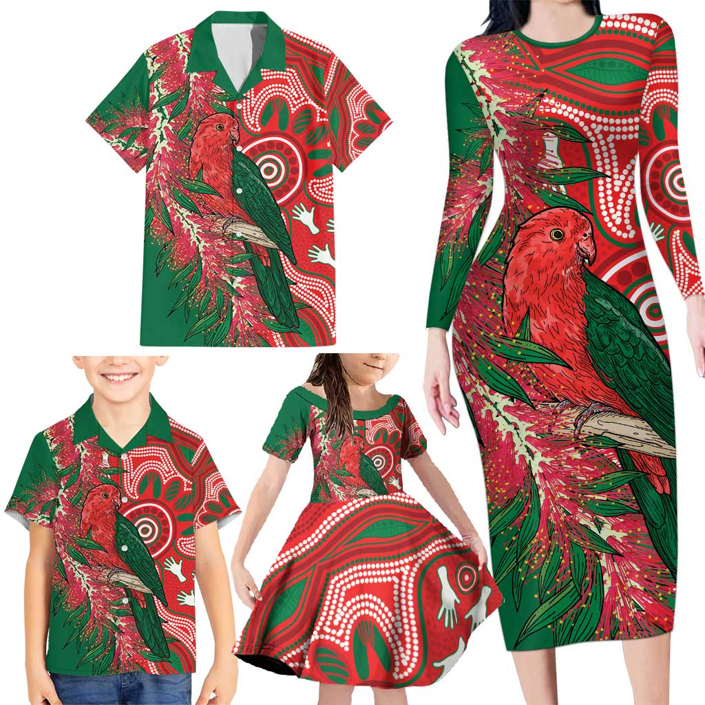 King Parrot Australia Family Matching Long Sleeve Bodycon Dress and Hawaiian Shirt Bottlebrushes Aboriginal Art - Aussie Hoodie