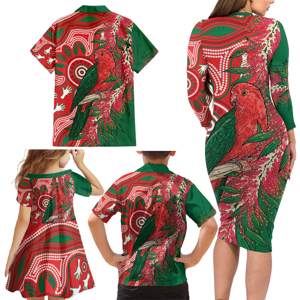King Parrot Australia Family Matching Long Sleeve Bodycon Dress and Hawaiian Shirt Bottlebrushes Aboriginal Art - Aussie Hoodie