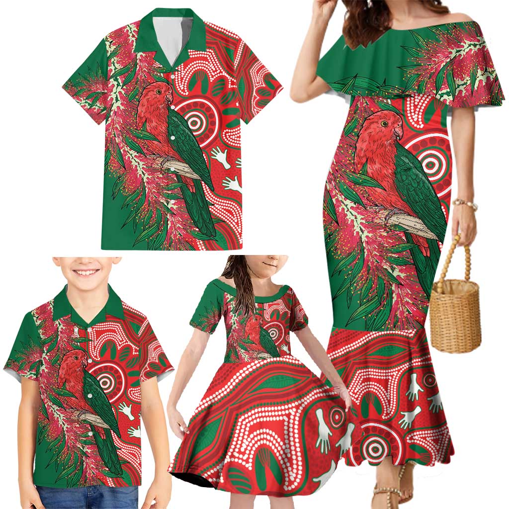 King Parrot Australia Family Matching Mermaid Dress and Hawaiian Shirt Bottlebrushes Aboriginal Art - Aussie Hoodie